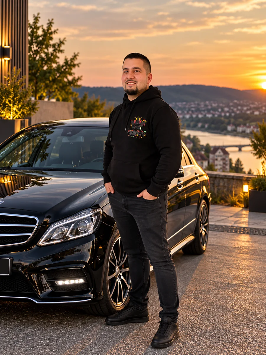 Gökhan Zengin neben einem Mercedes im Freien